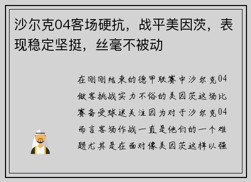 沙尔克04客场硬抗，战平美因茨，表现稳定坚挺，丝毫不被动